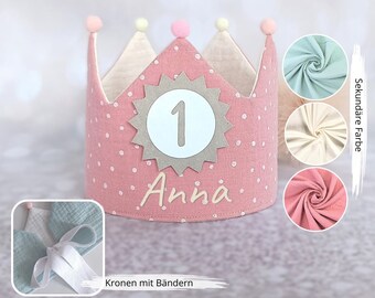 Personalized birthday crown, birthday crown, muslin crown for birthday child, fabric crown made of cotton, pink with ribbons