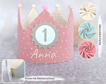 Muslin birthday children's crown, birthday crown, cotton fabric crown with name, costume for children's party Color: Pink / Cream white