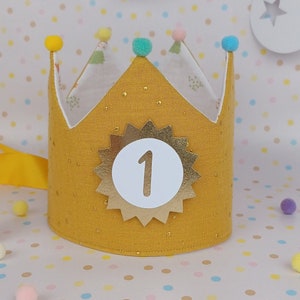 Birthday crown, birthday party crown, fabric crown, muslin crown child with pompoms / with name / color: mustard yellow / white / multicolored