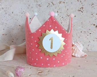 Birthday crown, birthday crown, fabric crown muslin, crown for birthday child with name, color: coral red / light beige with ribbons