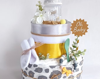 Windeltorte Neutral, mit Musselintuch, Baby Socken, Breilöffel, Babyflasche, Geschenk zur Geburt /Babyparty