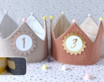 Birthday crown, fabric crown muslin, birthday party crown, crown for birthday child, pompoms, with name, crown