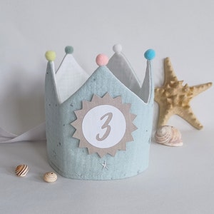 Birthday crown made of muslin, birthday child crown, birthday party crown, birthday crown with name, color: menthol / silver stars / white