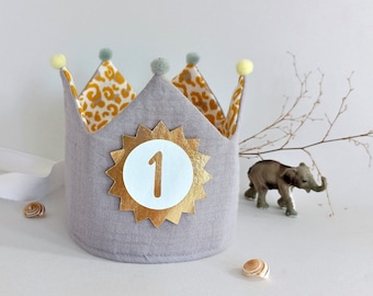 Birthday crown, birthday crown, fabric crown muslin, crown for birthday child with name, with pompoms, yellow leopard print / grey with ribbons