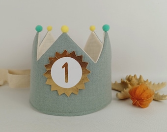 Crown for birthday child, birthday crown, fabric crown muslin with pompoms, with name, menthol with glitter/milk white with ribbons