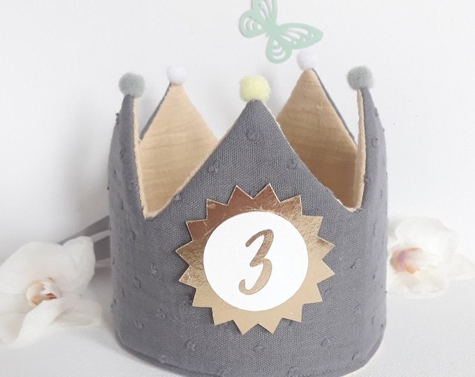 Featured listing image: Birthday crown, birthday crown fabric crown muslin, crown for birthday child, pompoms, birthday crown with name/gray/beige with ribbons
