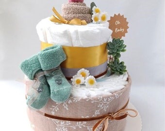 Diaper cake with muslin cloth, baby socks, terry cloth burp cloth, birth gift