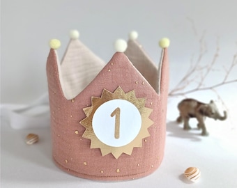 Birthday crown, fabric crown muslin, crown for birthday child, birthday party crown, color: terracotta-light/gold dots/beige with ribbons