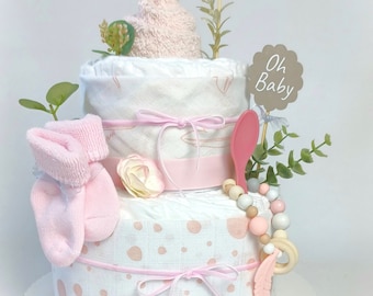 Diaper cake with muslin cloth, girl, baby socks, baby rattle, terry cloth burp cloth, gift for birth / baby shower