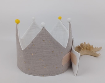 Birthday crown, fabric crown muslin, birthday crown, birthday child, color: light taupe-grey / white