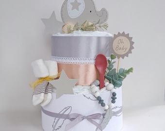 Diaper cake neutral, with muslin cloth, baby socks, porridge spoon, gift for birth / baby shower / diaper cake / elephant design