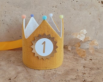 Personalized muslin birthday crown, crown birthday, party crown with name, first birthday outfit, fabric crown, mustard/white the ribbons