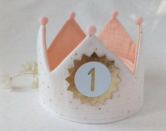 Birthday crown, birthday fabric crown, birthday party crown, with name, pompoms / color: white-gold/light salmon