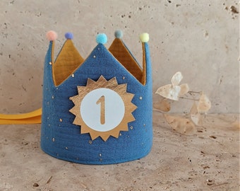 Birthday crown, Birthday Party Crown, muslin fabric crown for child with pompoms, with name / color: blue / mustard yellow with ribbons