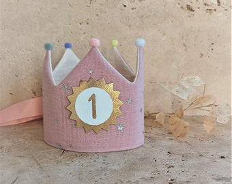 Birthday crown, Birthday Party Crown, fabric crown muslin with name, crown for birthday child with pompoms, pink/cream white with ribbons