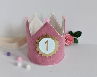 Couronne d'anniversaire, couronne en tissu mousseline, couronne pour anniversaire d'enfant, pompons, avec nom, couleur : pois dorés, vieux rose / blanc cassé