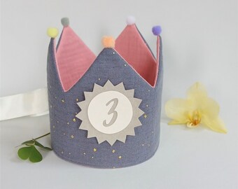 Birthday crown, birthday crown, fabric crown muslin, crown for birthday child, birthday crown with name, grey/pink with ribbons