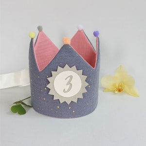 Birthday crown, birthday crown, fabric crown muslin, crown for birthday child, birthday crown with name, grey/pink with ribbons