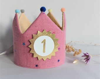 Birthday crown, fabric crown pompoms, birthday party crown, crown with name, old pink / colorful stars / beige with ribbons