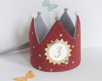birthday crown muslin, birthday crown, crown for birthday child, pompoms, birthday crown with name, terracotta red/grey with ribbons
