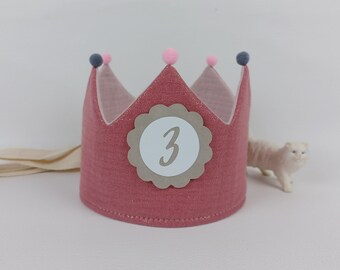 Crown for birthday child, birthday crown, fabric crown muslin with name, with pompoms, dark old pink with glitter/light purple with ribbons