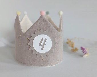 Birthday crown, crown birthday, crown for birthday child, muslin with pompoms, color: light taupe-grey / cream-white with ribbons