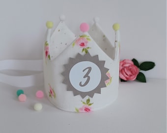 Birthday crown, fabric crown muslin, crown for birthday child, pompoms, with name, color: rose-wool white / gold dots with ribbons