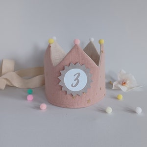 Muslin birthday crown, birthday crown for a child's birthday with pompoms, with name, color: light terracotta - gold stars / milk white
