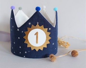 Birthday crown, birthday crown, fabric crown muslin for a child's birthday with pompoms, with name / color: navy blue / white