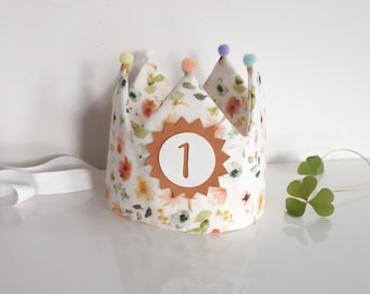 Birthday crown, pompoms, with name, color: flower print-white
