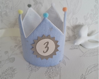 Birthday crown, birthday crown, crown with name, pompoms / Color: baby blue/cream-white with ribbons