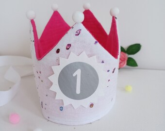Birthday crown, fabric crown muslin, crown for birthday child, pompoms, with name, colorful spots foil print - white / pink with ribbons
