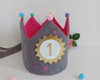 Birthday crown, Birthday Party Crown, fabric crown muslin, crown birthday child, color: grey / glitter colorful stars / pink with ribbons