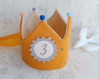 Birthday crown muslin, birthday crown, fabric crown with pompoms, with name, crown personalized, mustard yellow/ stars/beige with ribbons