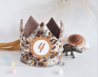 Birthday crown, birthday crown, fabric crown muslin, crown for birthday child, with name, leo animal print / beige - cocoa with ribbons