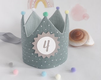 Birthday crown, fabric crown muslin, crown for birthday child, pompoms, with name, color: darkmint / mint