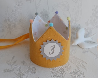 Birthday crown, fabric crown muslin crown for child with pompoms / with name / mustard yellow / white / multi-colored with ribbons