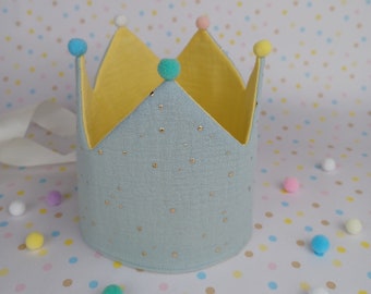 Birthday crown, birthday party crown, fabric crown muslin, crown birthday child, birthday crown with name, color: mint green/yellow