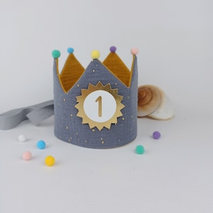 Birthday crown, fabric crown muslin with pompoms, crown for a child's birthday with name, color: gray / mustard yellow