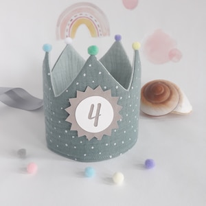 Birthday crown, fabric crown muslin, crown for child's birthday, pompoms, with name, color: mint gray, dots white / light mint