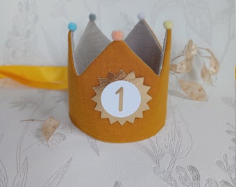 Birthday crown muslin, birthday crown, fabric crown for birthday child, crown personalized, color: mustard yellow/beige with ribbons