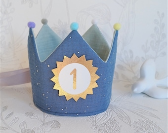 Birthday crown, fabric crown, crown for birthday with name, fabric crown muslin with pompoms, jeans blue / mint green with ribbons