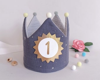 Birthday crown, fabric crown muslin, crown birthday child, birthday party crown, color: grey/ anthracite/silver stars/grey with ribbons