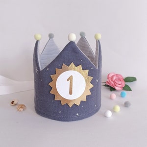 Birthday crown, fabric crown muslin, crown birthday child, birthday party crown, color: gray / anthracite / silver stars / gray