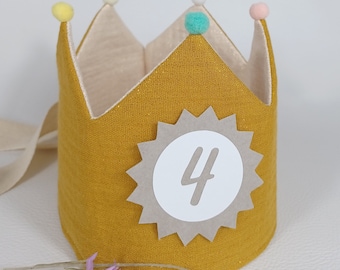 Birthday crown, birthday crown, fabric crown muslin, crown for birthday child, pompoms, mustard yellow / milk white with glitter with ribbons