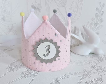 Birthday crown, Birthday Party Crown, Pompoms, Crown with name, Color: cream pink / white with ribbons