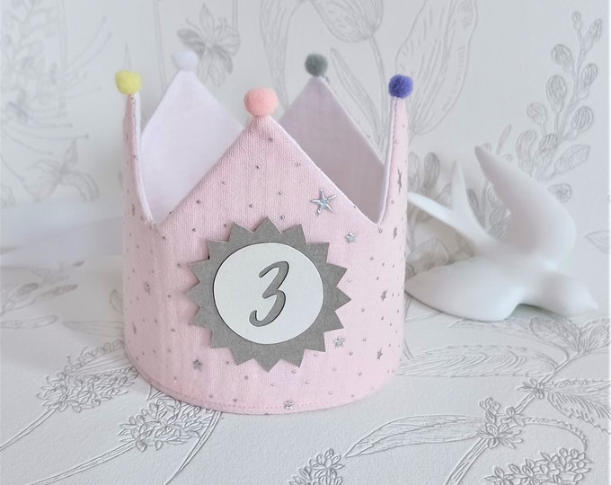 Featured listing image: Birthday crown, Birthday Party Crown, Pompoms, Crown with name, Color: cream pink / white with ribbons