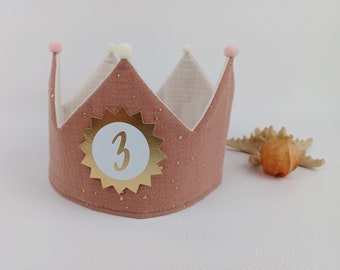 Geburtstagskrone mit Klettverschluss, Stoffkrone Musselin personalisiert mit Name , Farbe: terrakotta-hell / beige