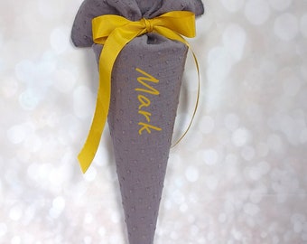 Daycare cone, school cone, candy cone, kindergarten cone made of muslin / grey - 35/70 cm