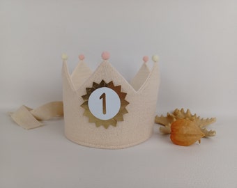 Crown for birthday, birthday crown, fabric crown muslin, child, pompoms, with name, milk white with glitter with ribbons